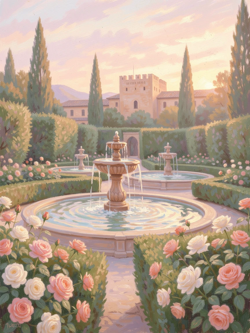 The Alhambra palace gardens in Granada, fountains trickling among manicured hedges and blooming roses, as the first light of dawn breaks, evoking a sense of peace and quiet wonder.