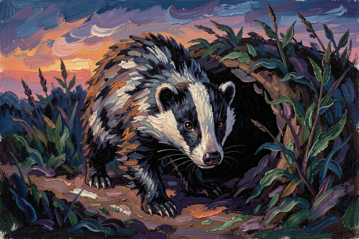 A wild badger emerging cautiously from its den at twilight.