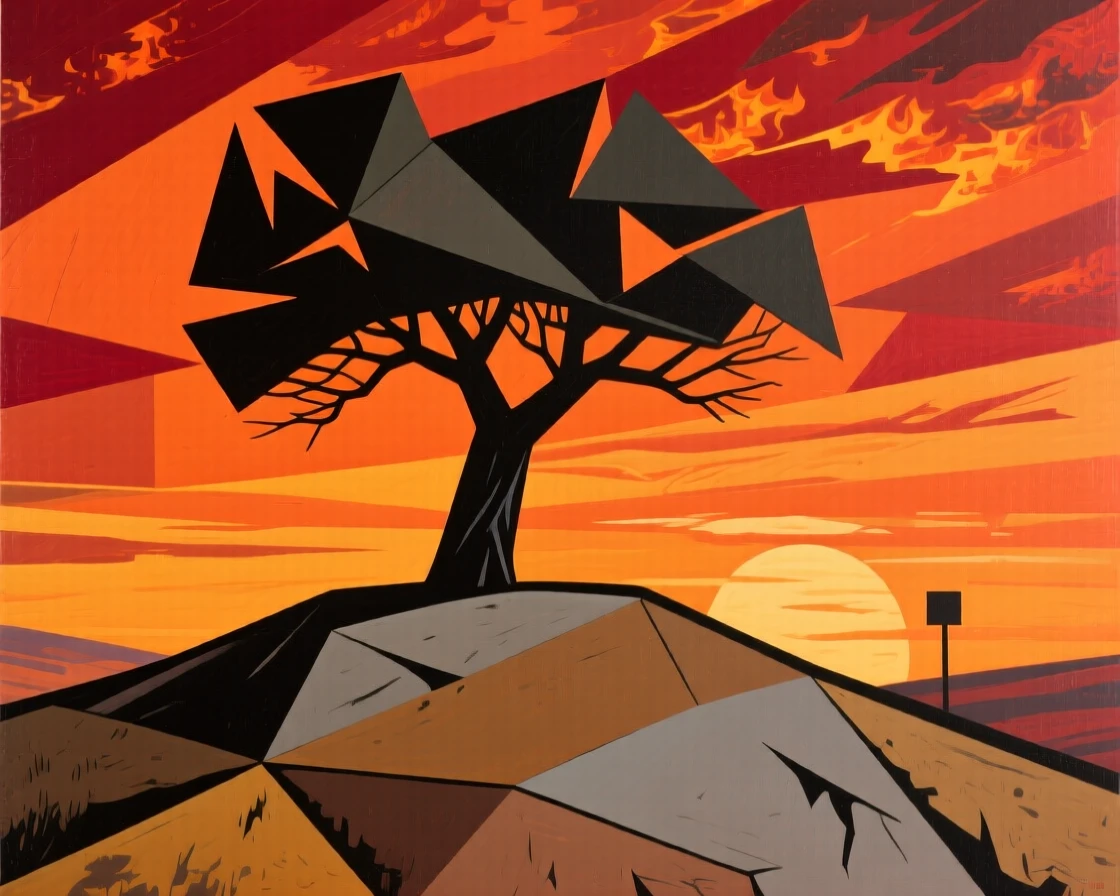 A fiery orange sunset silhouetting a lone tree on a windswept hilltop.