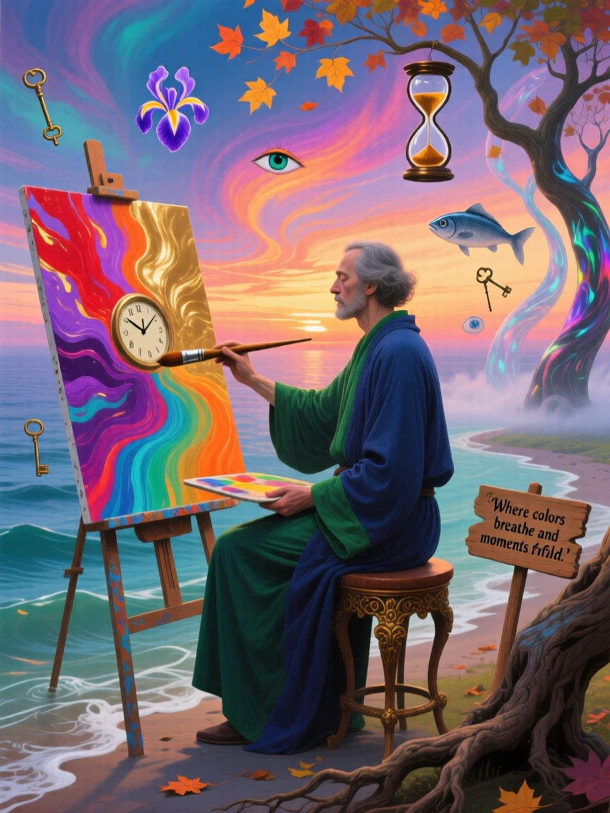 A painter capturing a sunset that changes color with every brushstroke works calmly, absorbed entirely in a quiet, private moment, as small details of the world quietly bend and shift nearby.