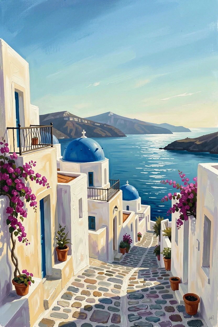 A winding street in Santorini shows whitewashed buildings with blue-domed roofs cascading down toward the sparkling Aegean Sea below, the changing light of the hour casting long shadows that add depth to every surface.