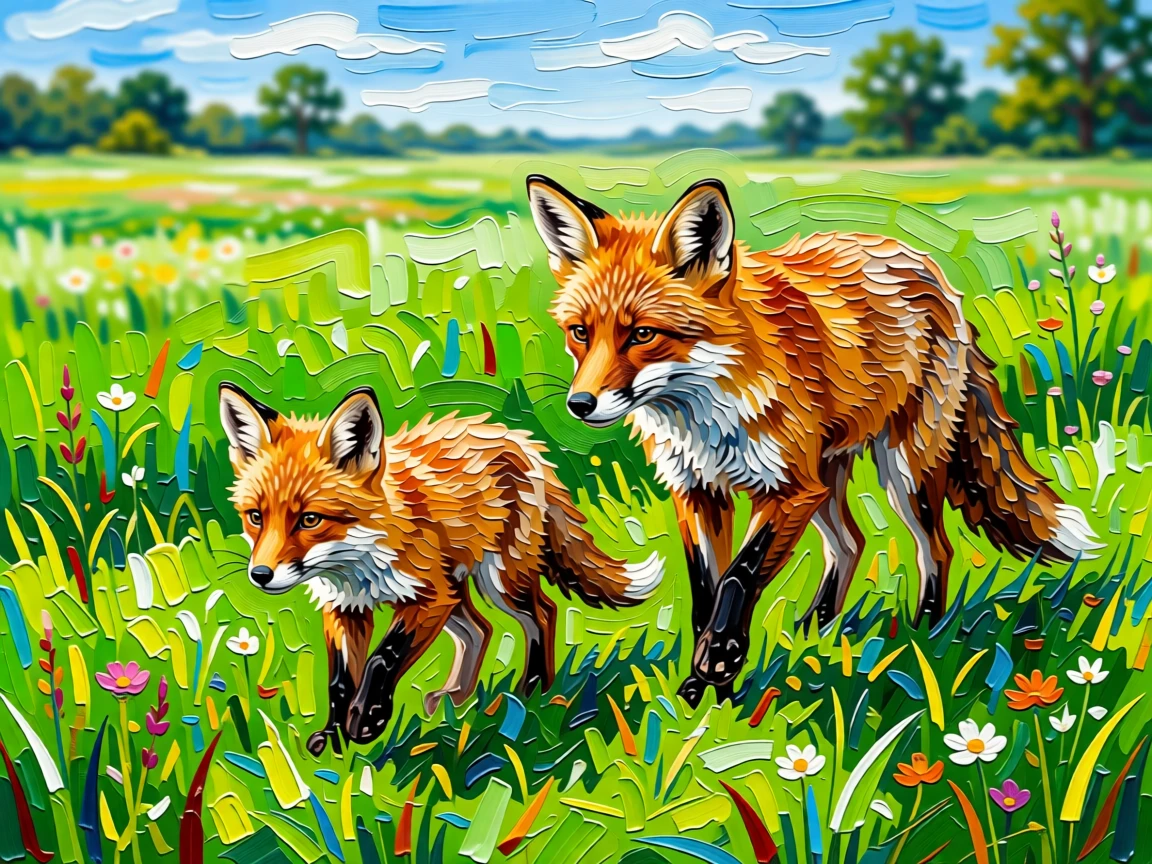 A heartwarming photo of a fox kit following closely behind its mother across a green field