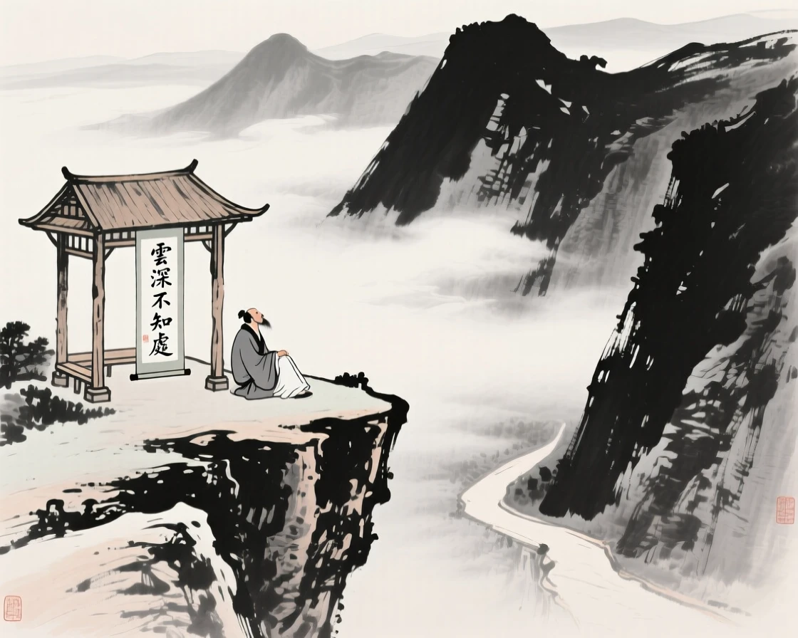 A traveler rests at a roadside pavilion overlooking a misty valley, as clouds drift below the mountain path.