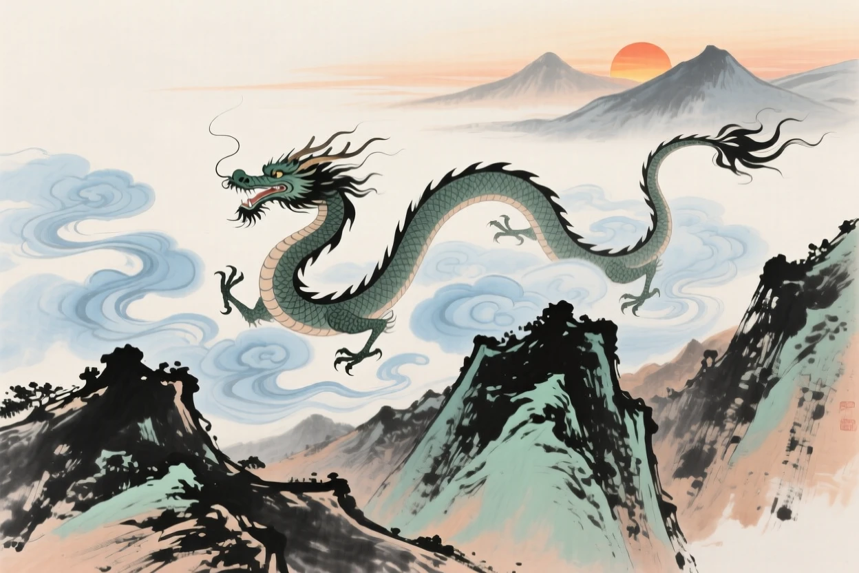 A celestial dragon coiling through clouds above a jagged mountain range, as the sun sets behind distant peaks.