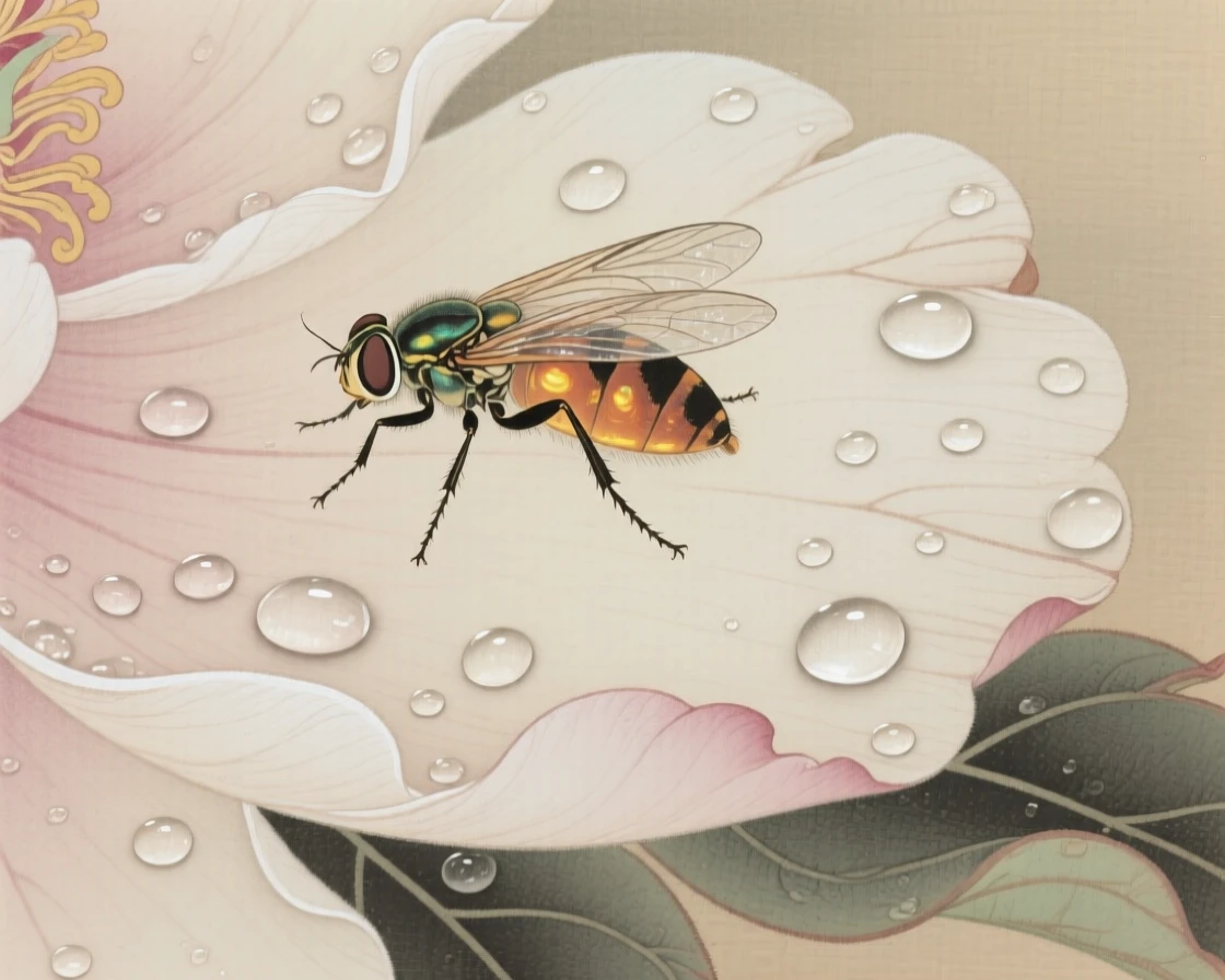 A single firefly resting on a dew-covered peony petal