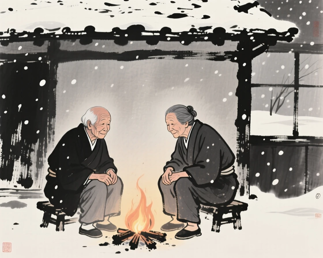 An elderly couple gathering by a warm fire as snow falls outside beneath the eaves of an old farmhouse, framed intimately, focusing on quiet gesture and expression, evoking warmth, simplicity, and quiet dignity.