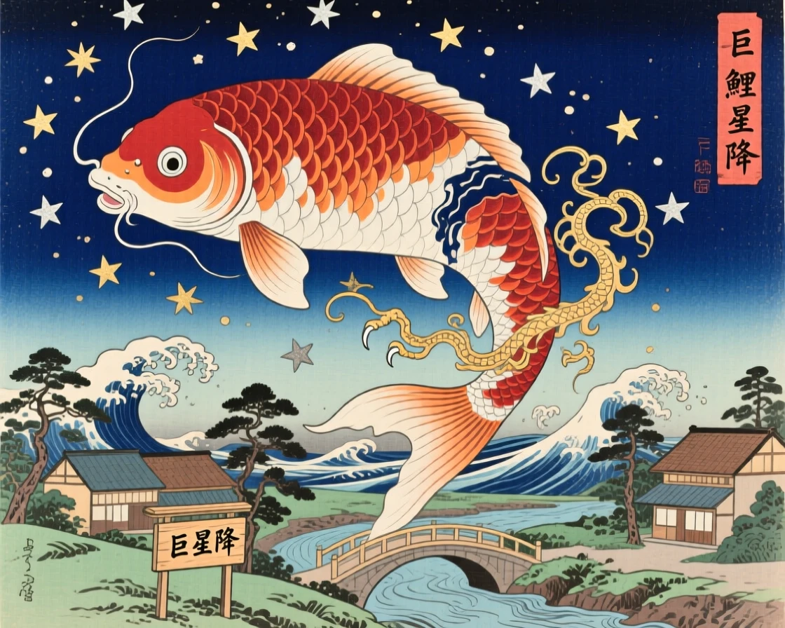 A giant transforming koi descending in a shower of falling stars.