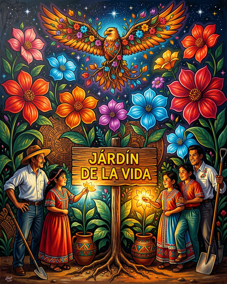 A magical garden where flowers glow softly at night