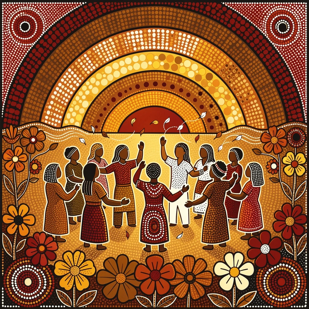 A group celebrating a spring blossom festival at sunrise