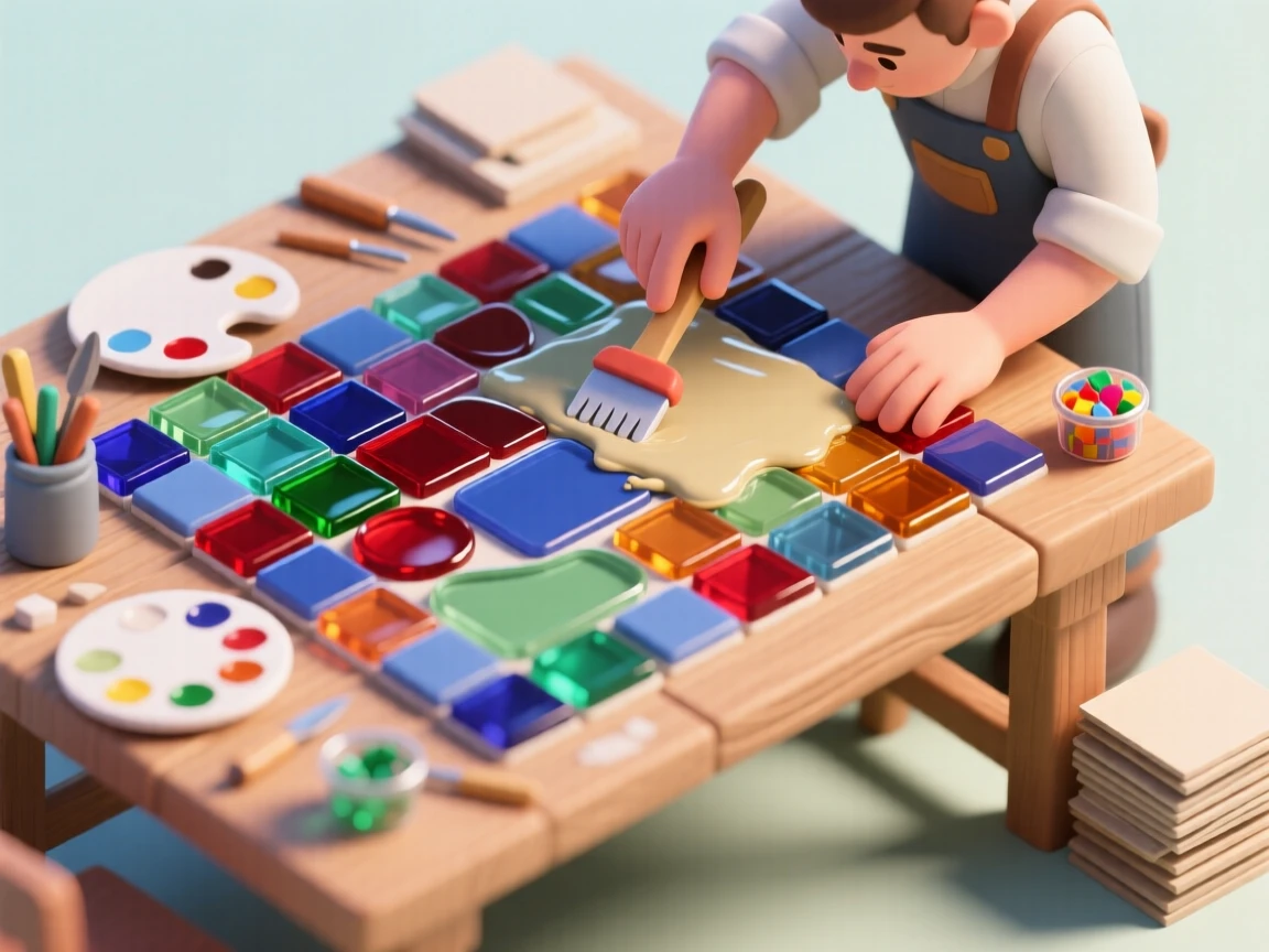 A mosaic tile workshop with colorful glass pieces arranged into a pattern, grout being spread carefully across the design.
