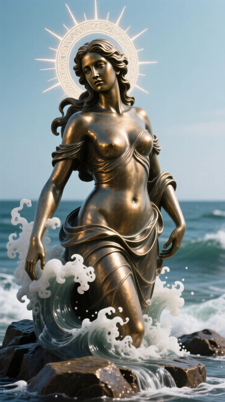 Aphrodite emerging from sea foam, with an aura of ancient power, radiating awe and grandeur