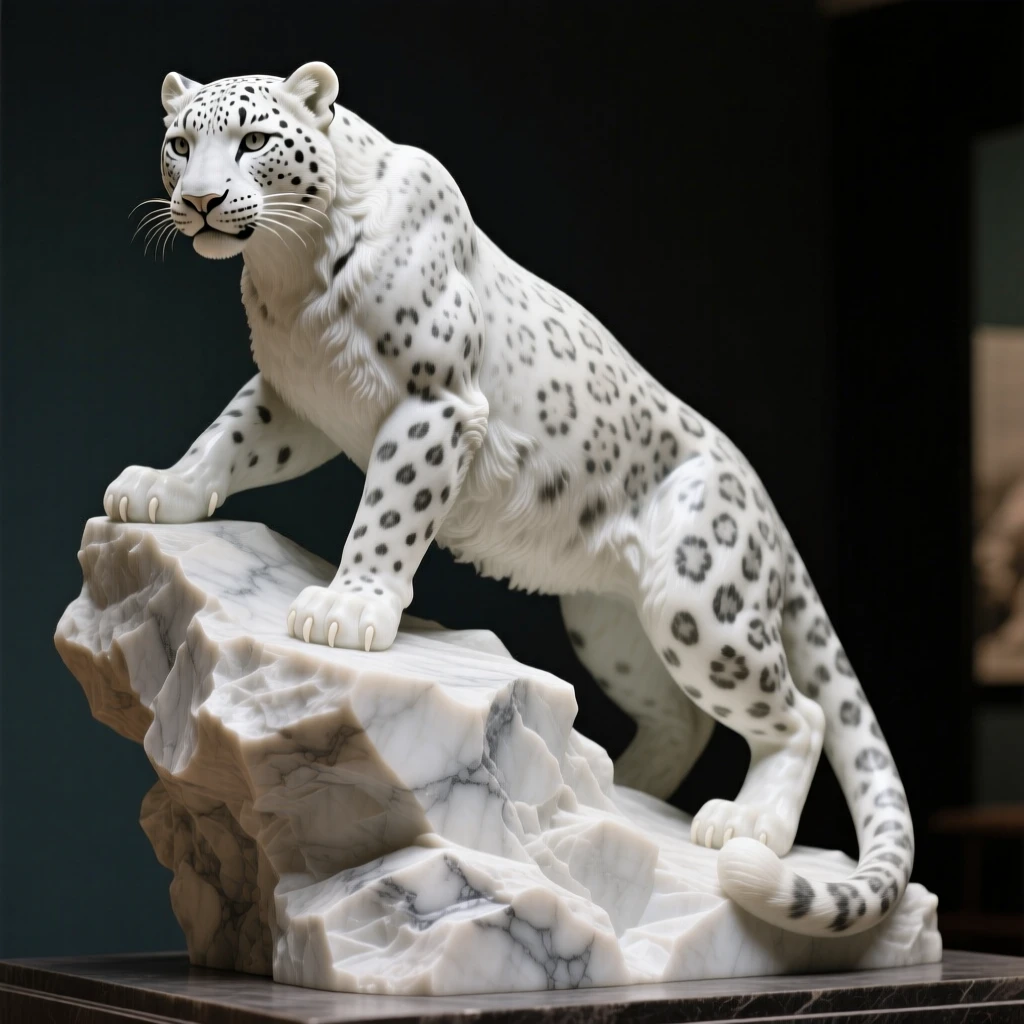 An evocative depiction of a snow leopard perched on a rocky outcrop, in a moment of quiet stillness, balancing detail with emotional depth