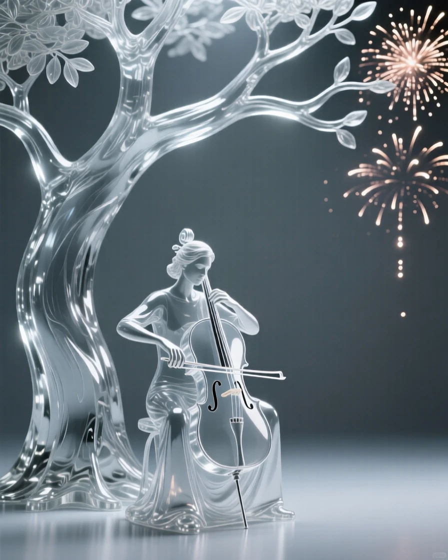 As fireworks burst quietly in the sky above, a cellist playing alone beneath a grand old tree