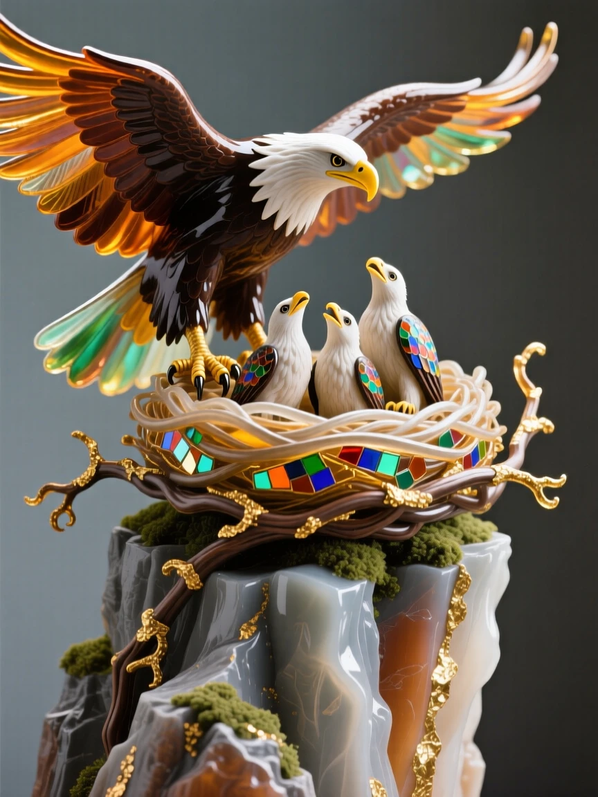 A grand eagle nest perched atop a rugged cliff with chicks reaching skyward, tender and wild.