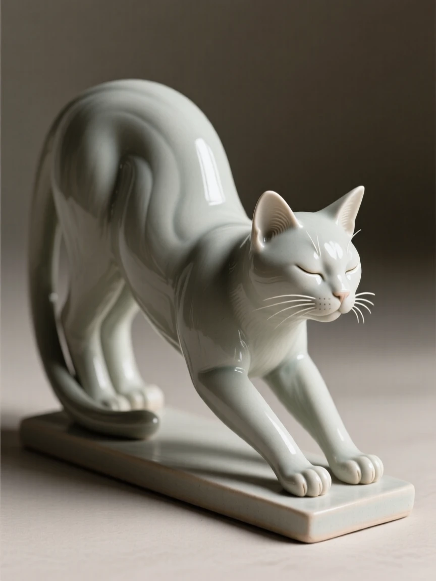 An elegant cat statuette poised mid-stretch posed with understated, timeless refinement, framed by soft ambient lighting, conveying calm, tasteful sophistication.