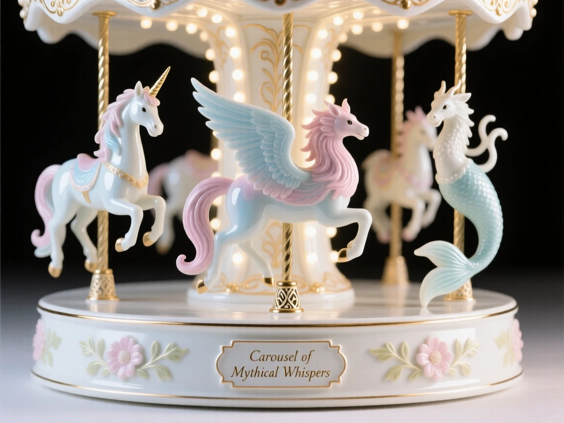 A magical carousel of glowing mythical animals, a sense of quiet wonder filling the scene.
