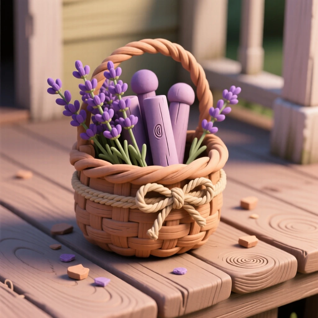 A basket of freshly cut lavender tied with twine on a wooden porch