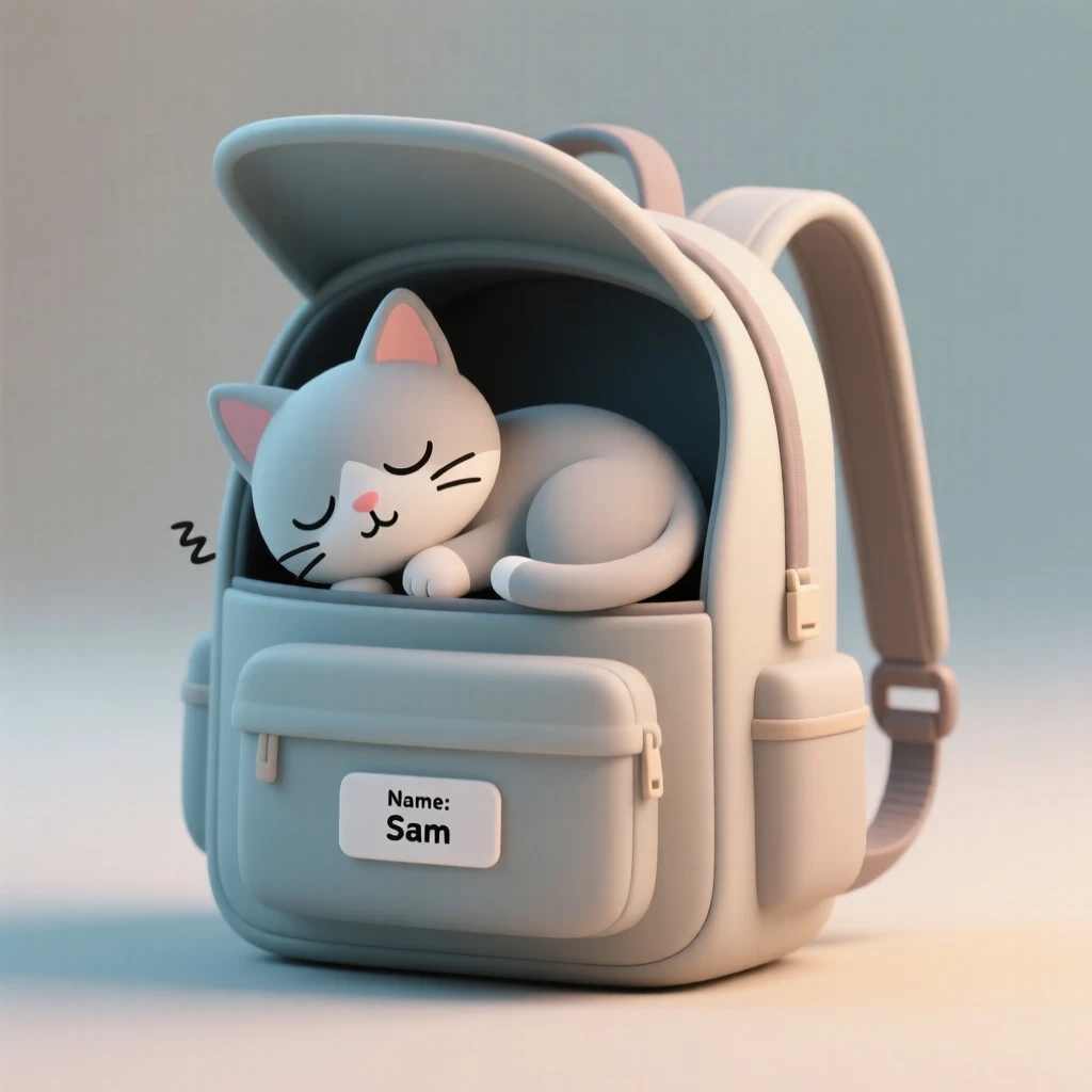 A sleepy kitten curls up inside a child's open backpack, peeking out during a quiet school morning.