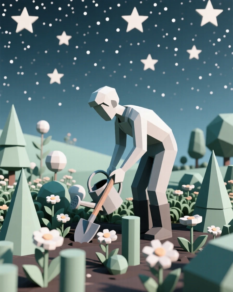 A gardener tending to a lush blooming garden, beneath a canopy of stars. a shallow depth of field keeps the action sharply in focus. The mood feels adventurous and free.