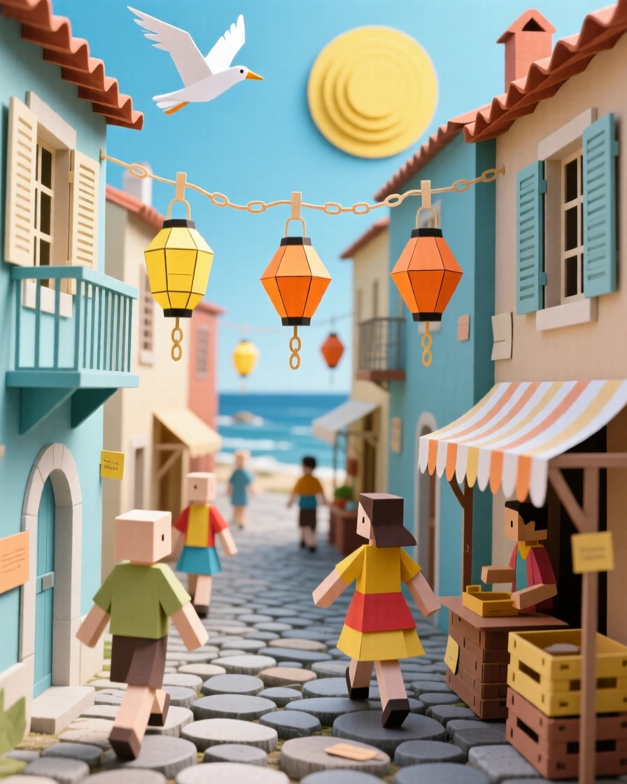 A narrow cobblestone alley in a coastal village bustling with life at midday, with lanterns swaying gently in the breeze, capturing the romance of travel.