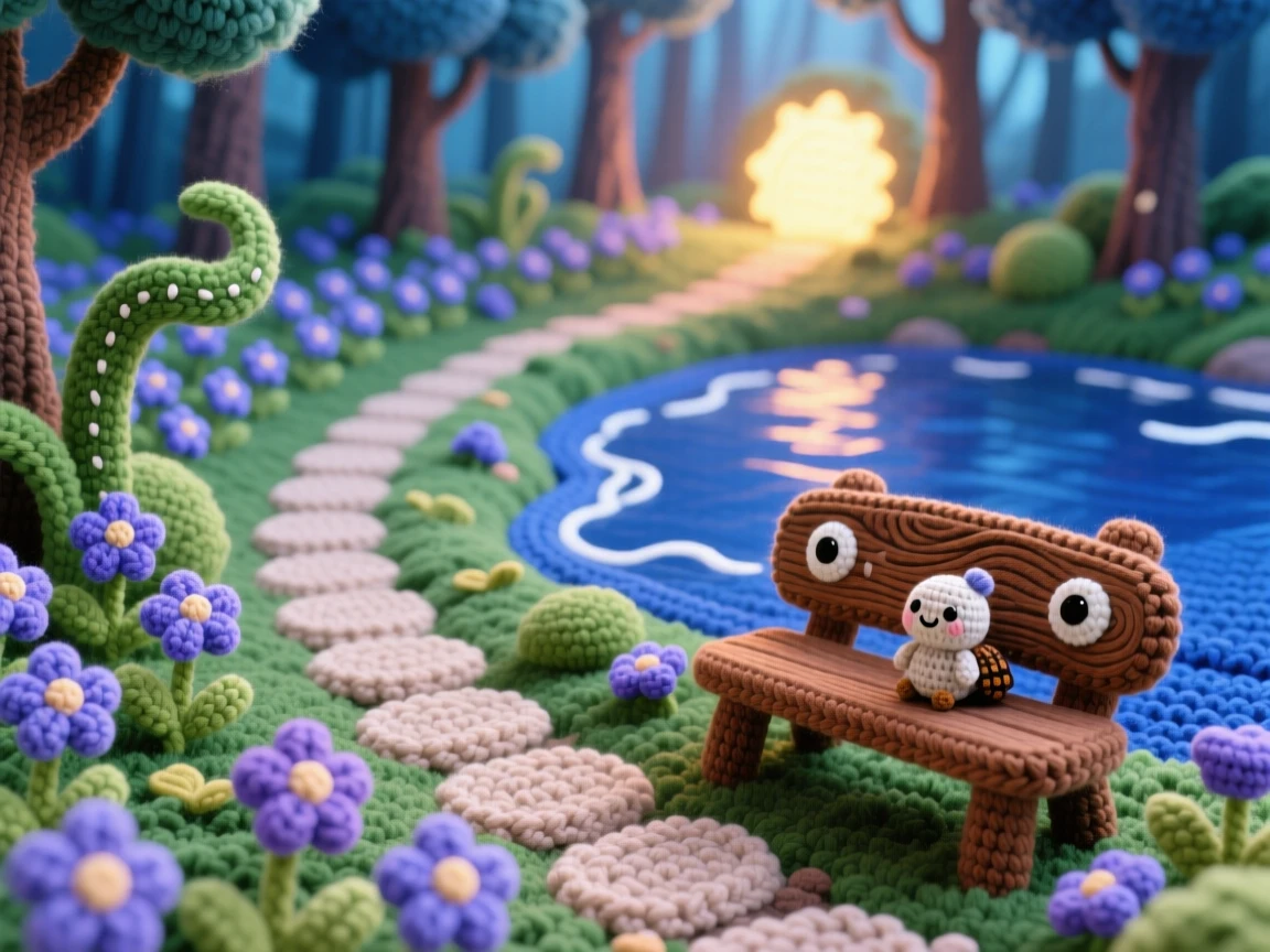 A picturesque scene featuring a winding path through a bluebell forest, carpeted in soft violet blooms, leading toward a patch of sunlight beside a peaceful stretch of open water, accompanied by a single wooden bench resting nearby, capturing quiet wonder at the wild world.