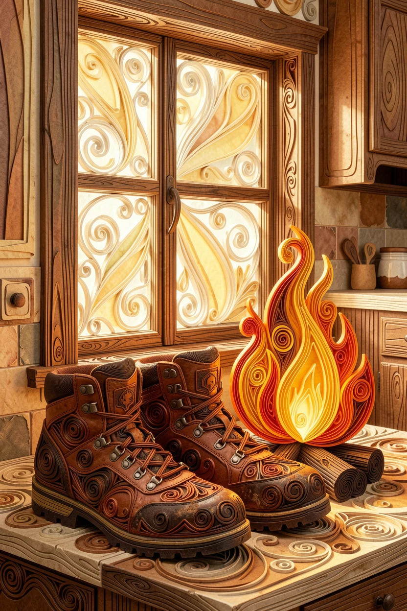 A cozy still life of a pair of well-worn hiking boots beside a campfire beside a sunlit kitchen window, in cozy autumnal tones of rust and brown, arranged with rustic textures adding warmth.