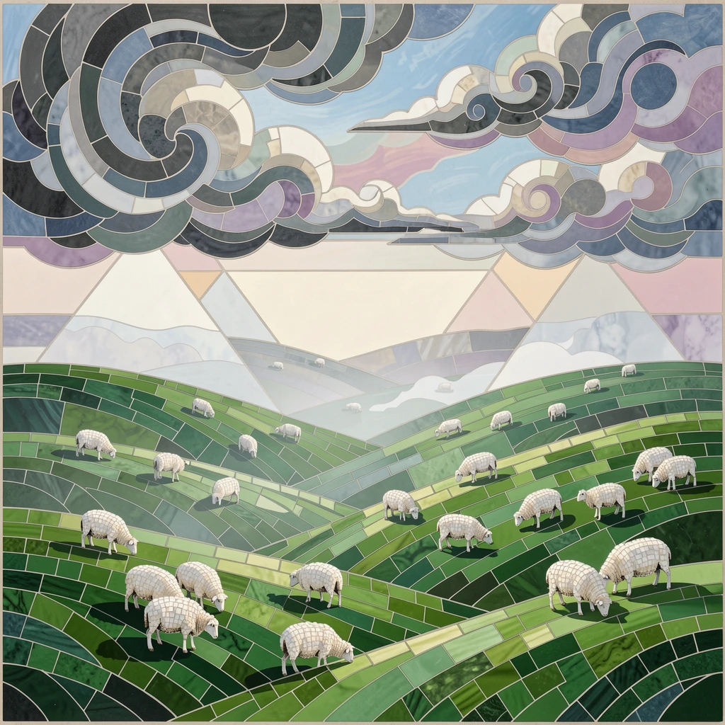 A wide panoramic view of rolling emerald hills dotted with grazing sheep under a soft morning mist, with dramatic clouds and rich natural color.