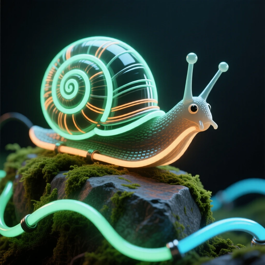 A close-up portrait of a snail crossing a mossy stone with a curious, alert expression.