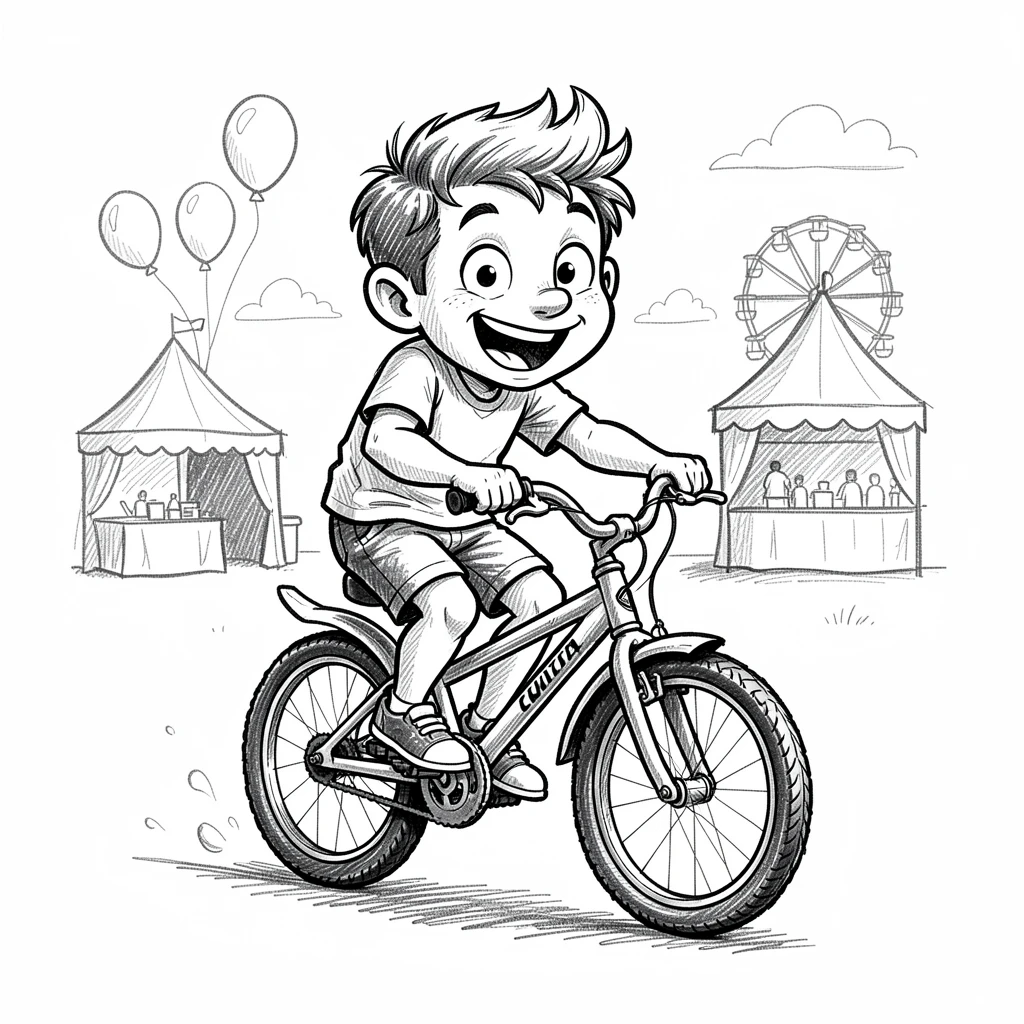 A boy riding his first bicycle without training wheels at a small-town county fair.
