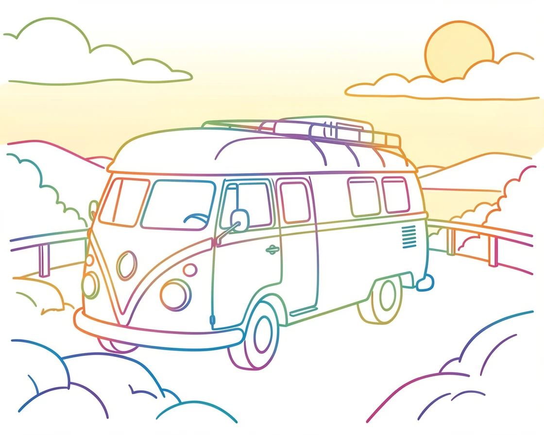 A vintage camper van parked beside a scenic overlook at sunrise.