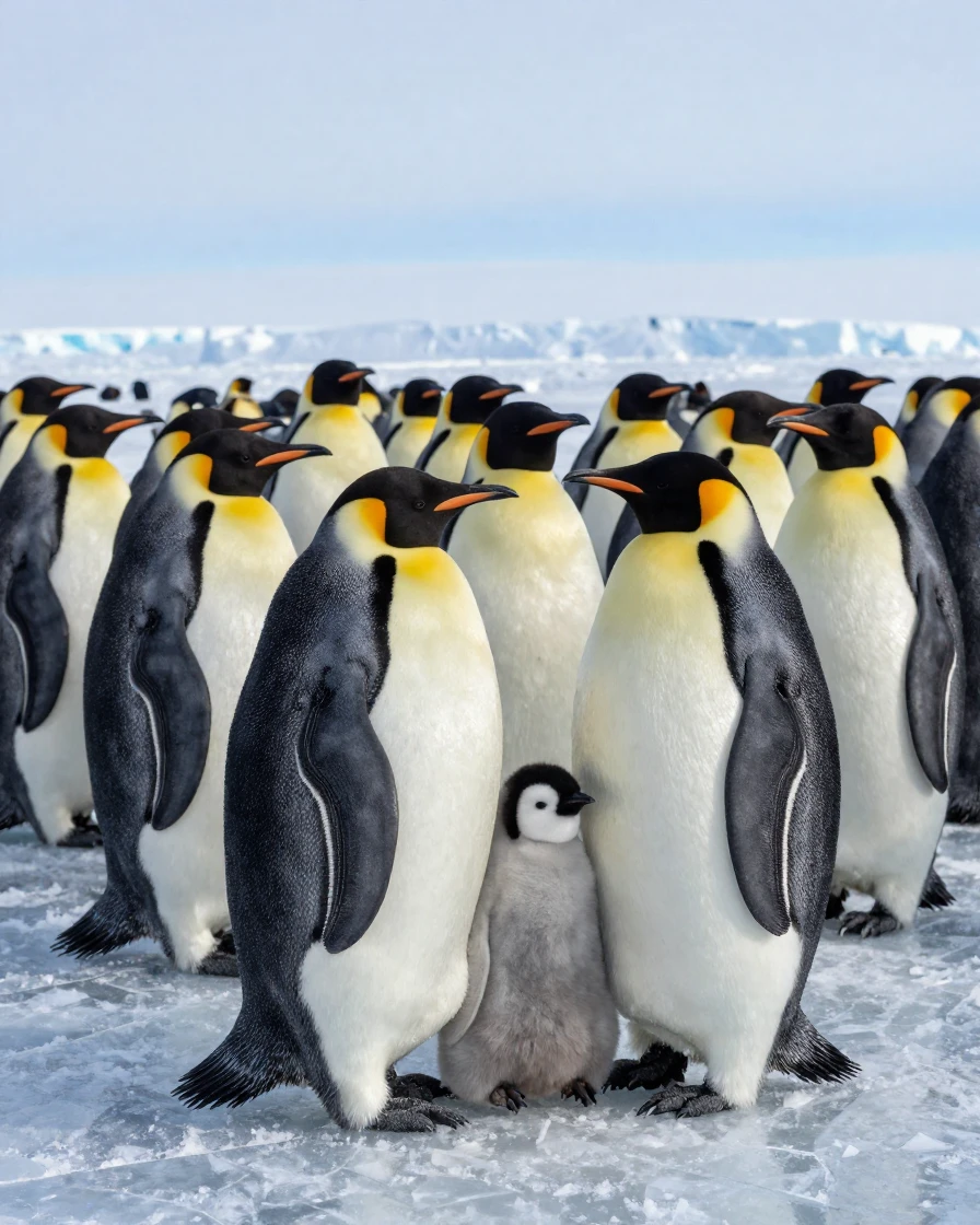 An emperor penguin colony huddled against the cold