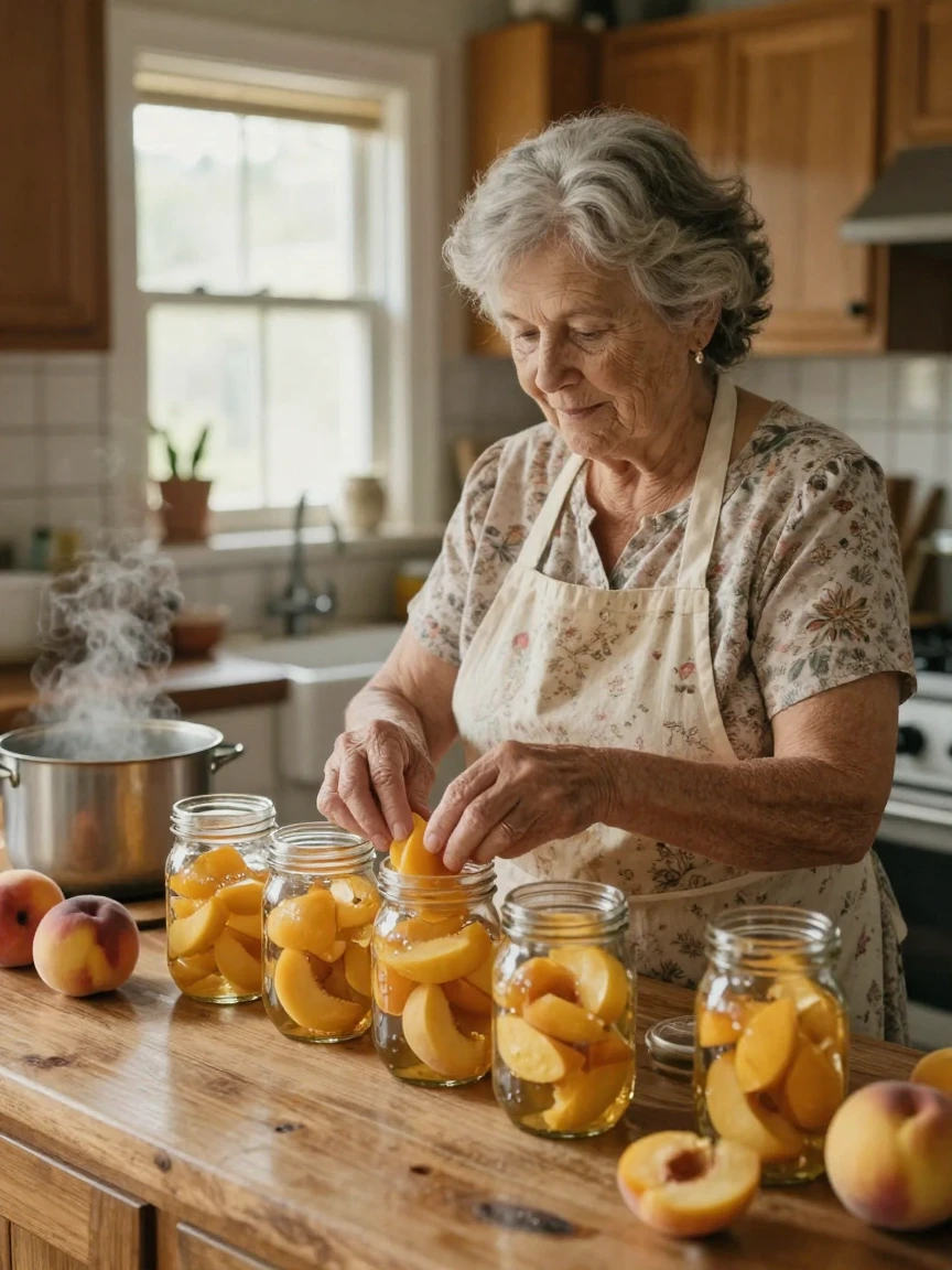 A grandmother cans fresh peaches in mason jars lined up across her counter.