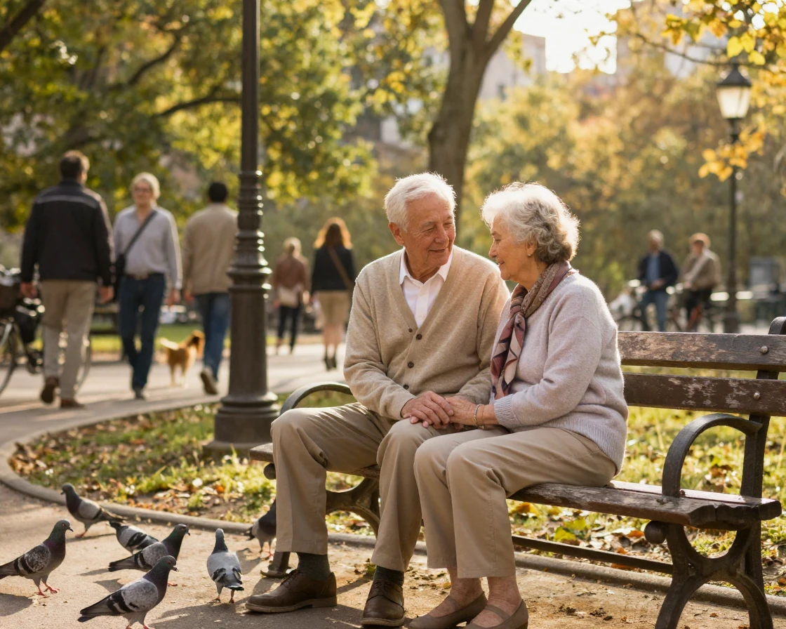 An elderly couple holding hands on a park bench, watching pigeons and passersby