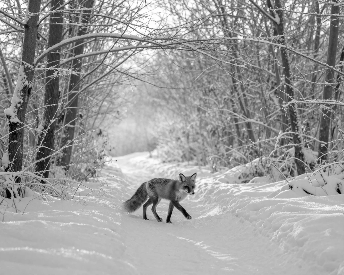 A red fox trots through a snow-covered forest at dawn along a quiet frozen trail.