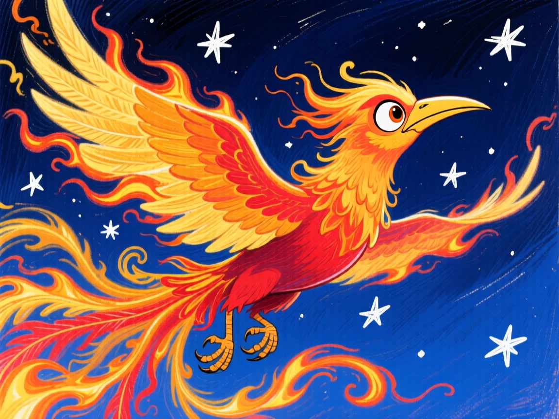 A celestial phoenix soaring across a night sky trailing streams of golden fire.