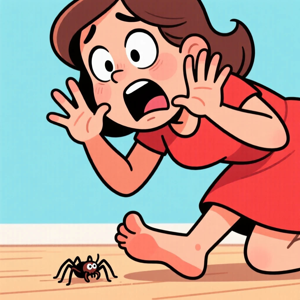 A funny expressive moment showing a woman overreacting dramatically to a tiny spider, with wide eyes and an open-mouthed grin.