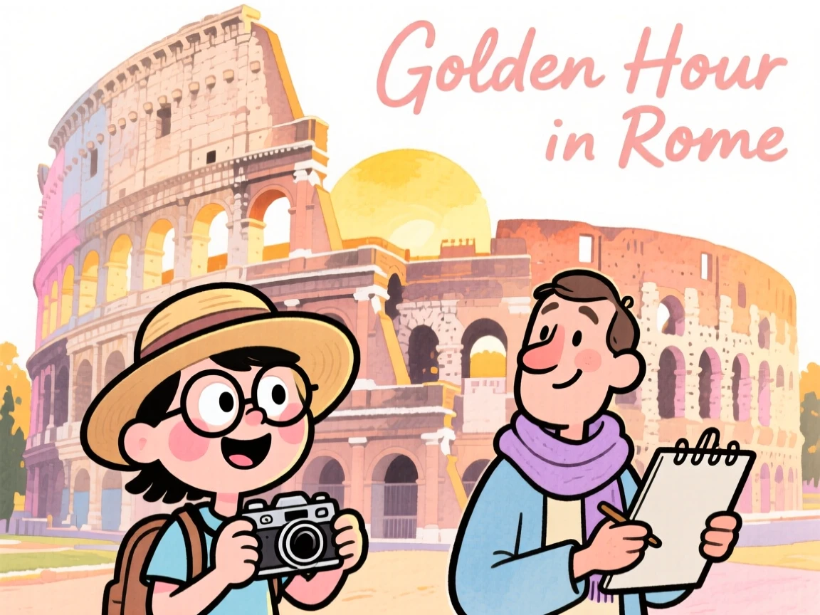 A dreamy travel postcard scene of the Colosseum at golden sunset