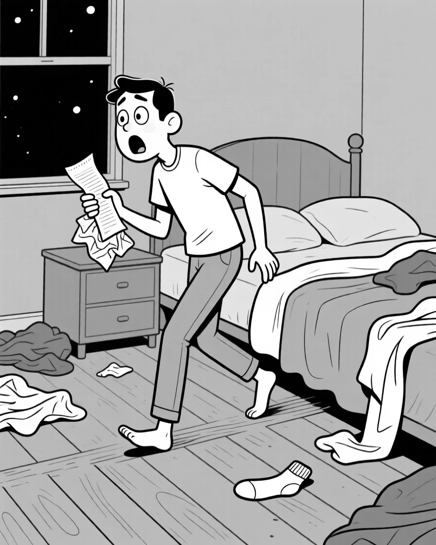 A person tiptoeing past a squeaky floorboard at midnight, gasping and clutching the receipt like a horror prop, set in a bedroom cluttered with clothes. A single sock lies abandoned nearby. The scene captures the comedy hidden in ordinary days.