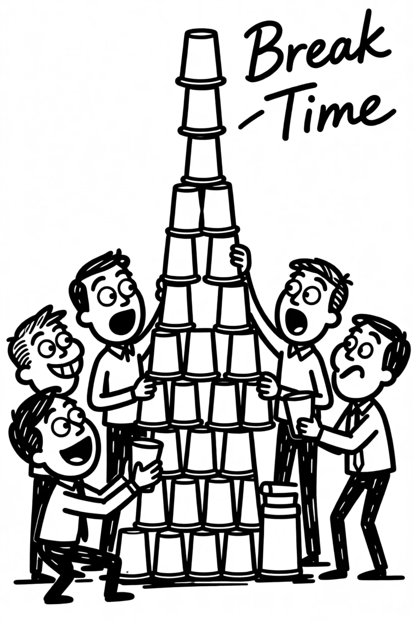 A group of coworkers building an absurdly tall tower out of paper cups during a break.