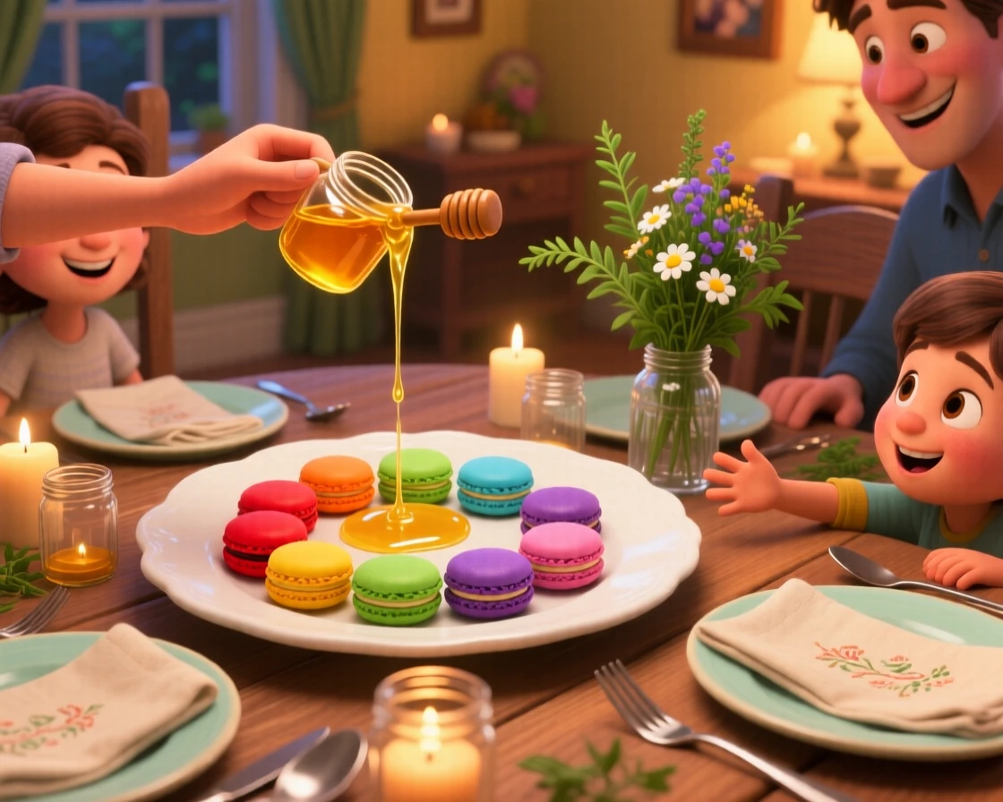 A rainbow of macarons arranged on a plate sits at a family dinner table set for a celebration, with honey drizzling slowly over the top. A comforting, homey feeling fills the moment.