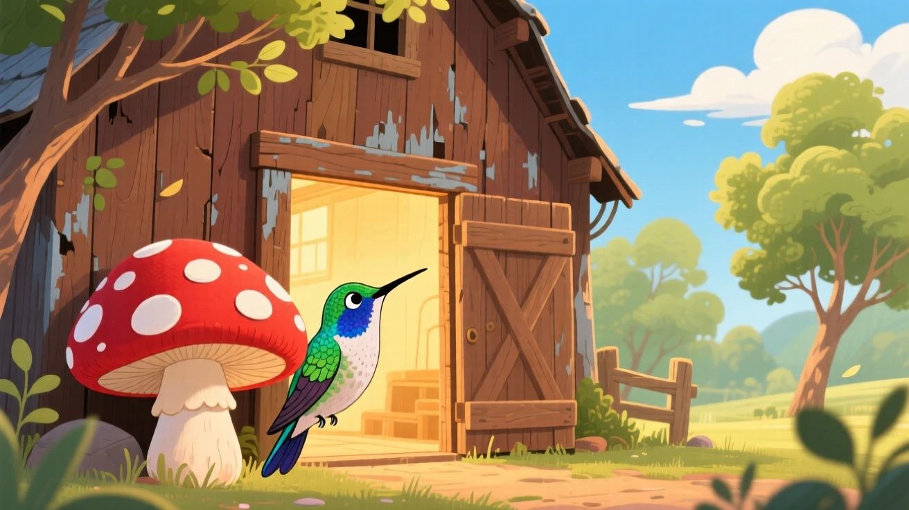 A tiny hummingbird pauses from peeking out from behind a mushroom to look up in an old wooden barn, with a warm breeze rustling the branches.