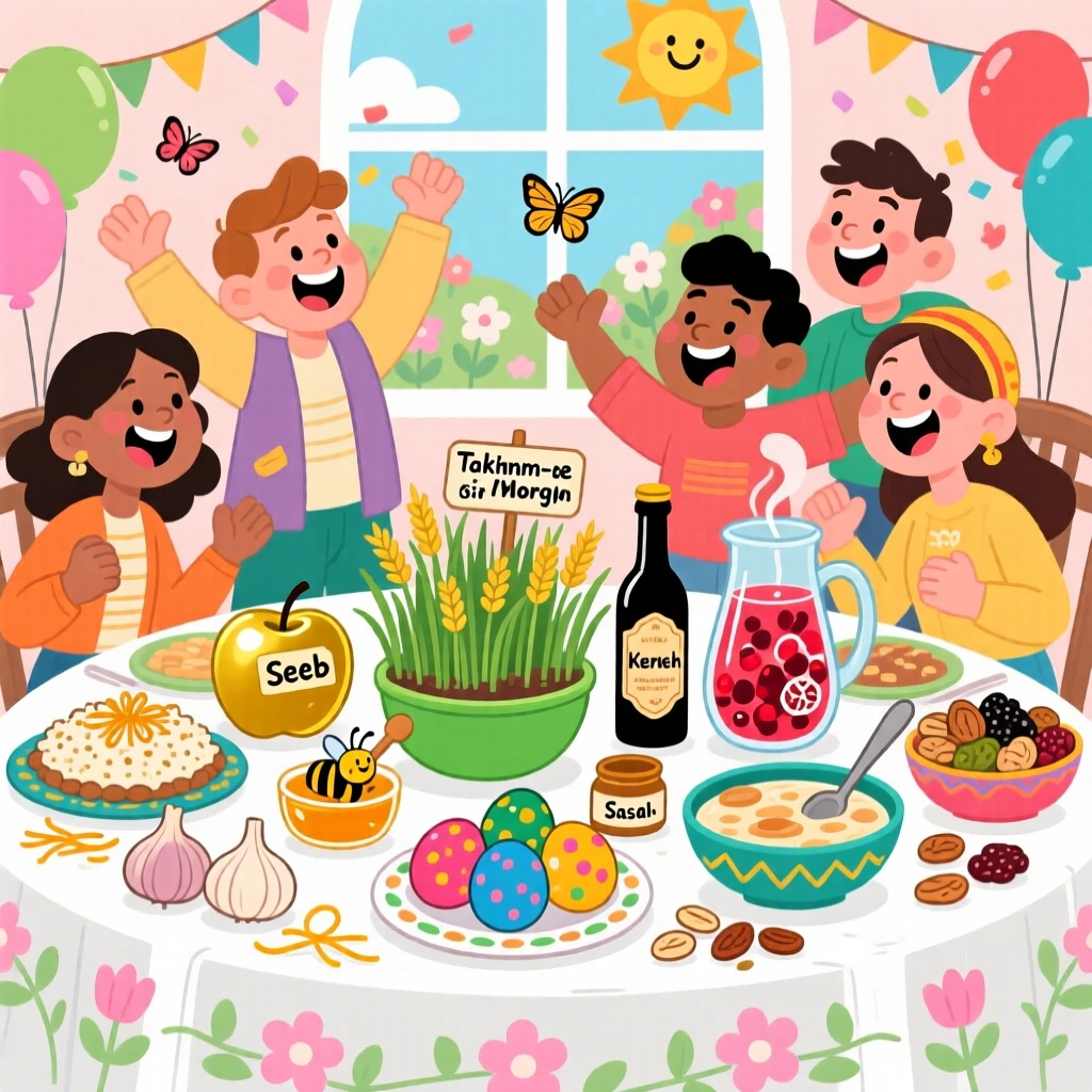 Friends celebrating Nowruz with a table of symbolic spring foods.