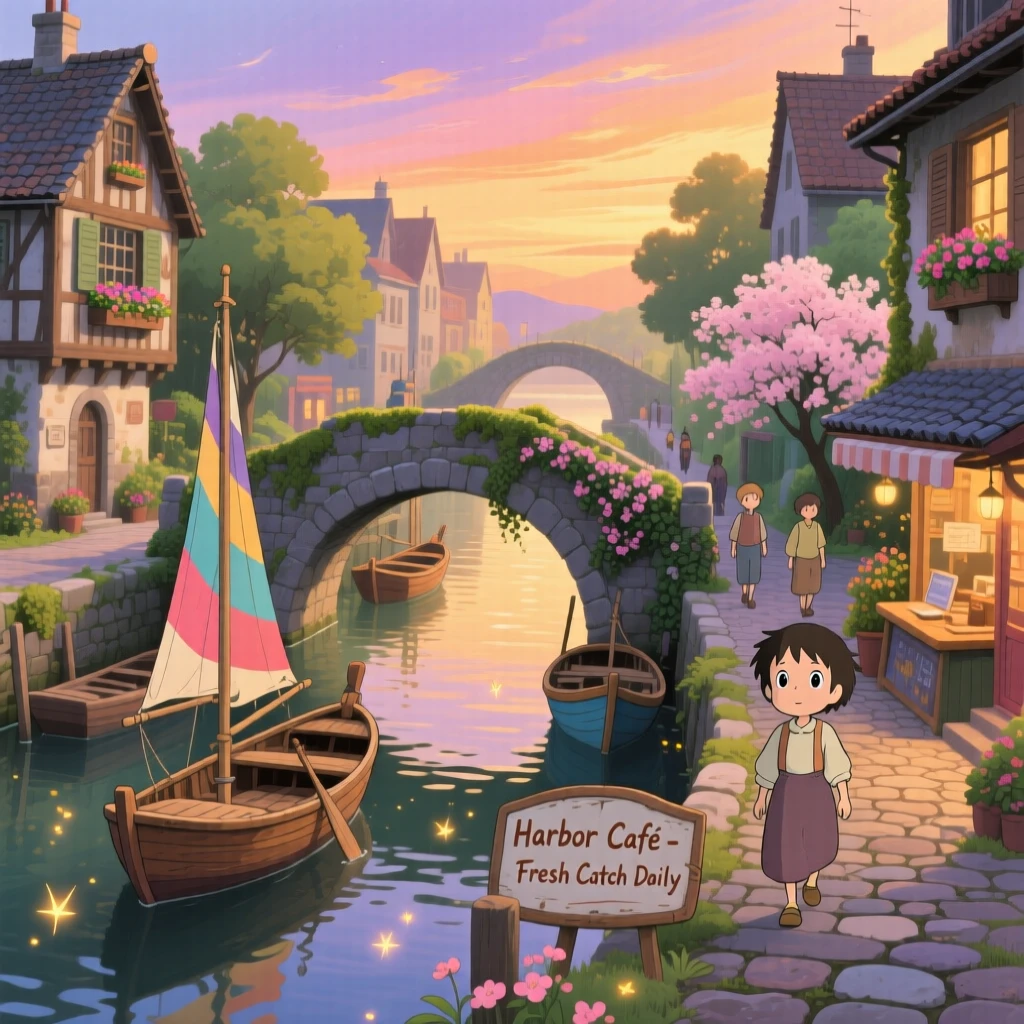 A scenic view of a canal city crossed by countless small stone bridges, as fishing boats bob gently in the harbor.