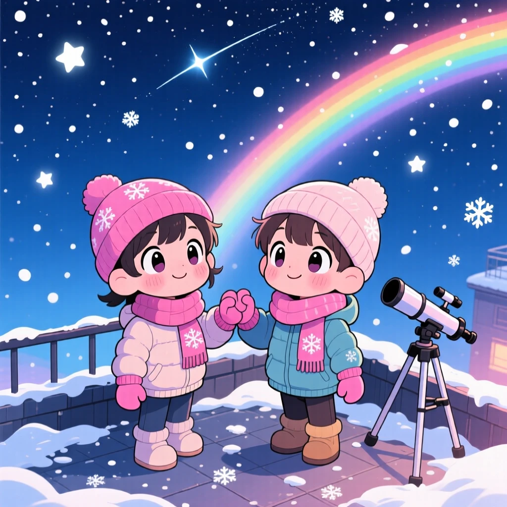 In a rooftop stargazing spot, two children are pinky-promising beneath a starry sky during a cozy winter snowfall, bathed in bright rainbow-tinted light, expression full of eager anticipation. Shot as a high aerial view.