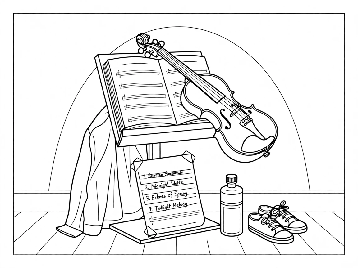A violin resting on an open sheet music stand, with a set list taped to the floor nearby.
