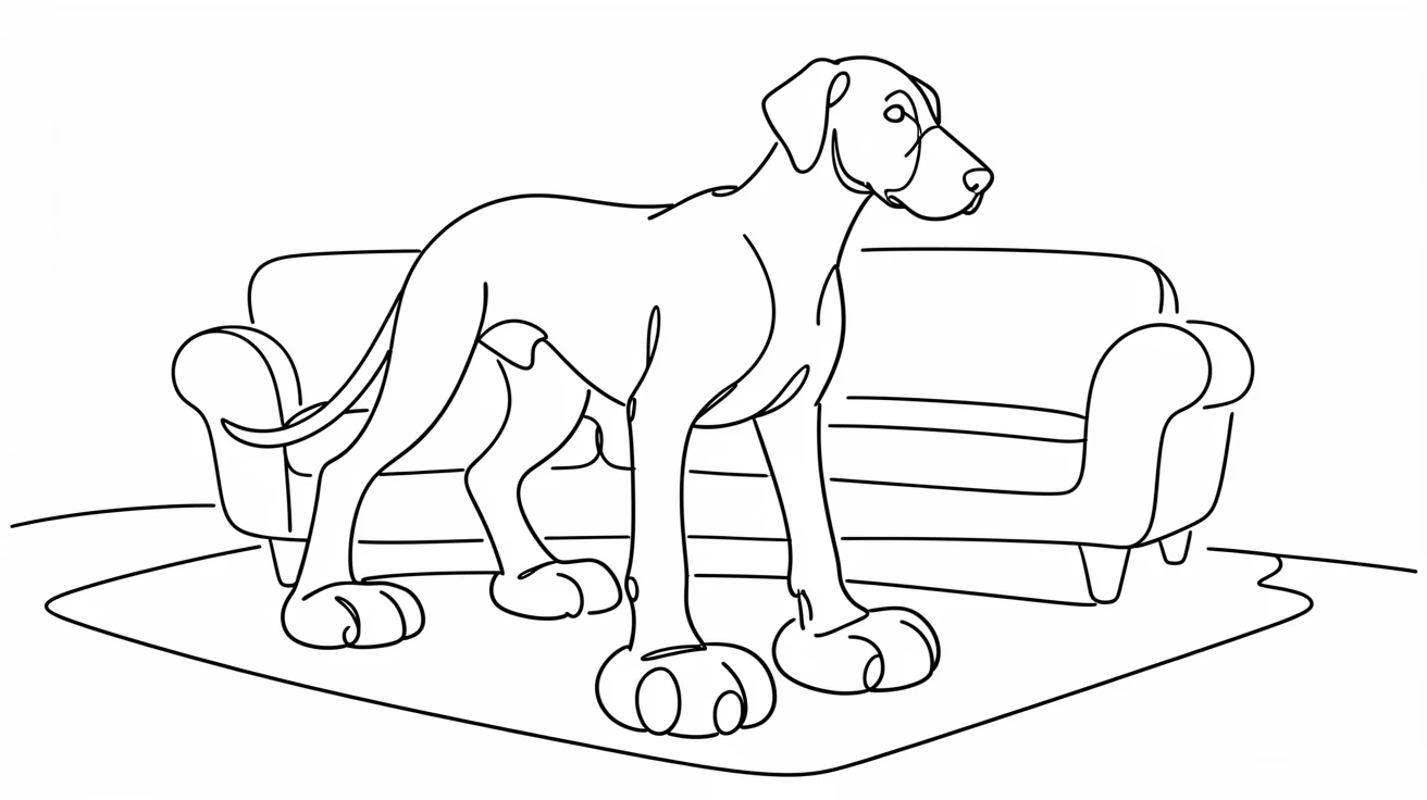 A Great Dane puppy standing awkwardly on oversized paws in a living room