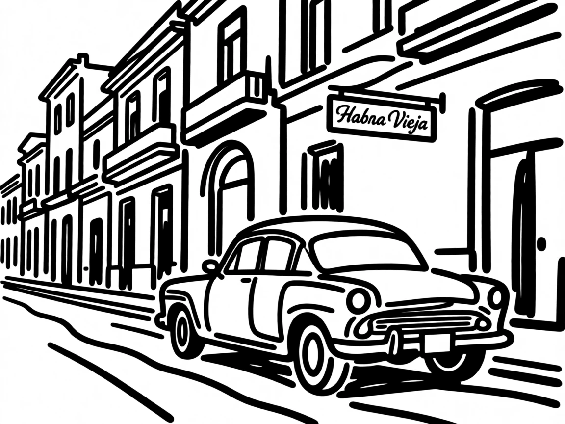 A Cuban street scene with a vintage classic car parked beside colorful buildings.
