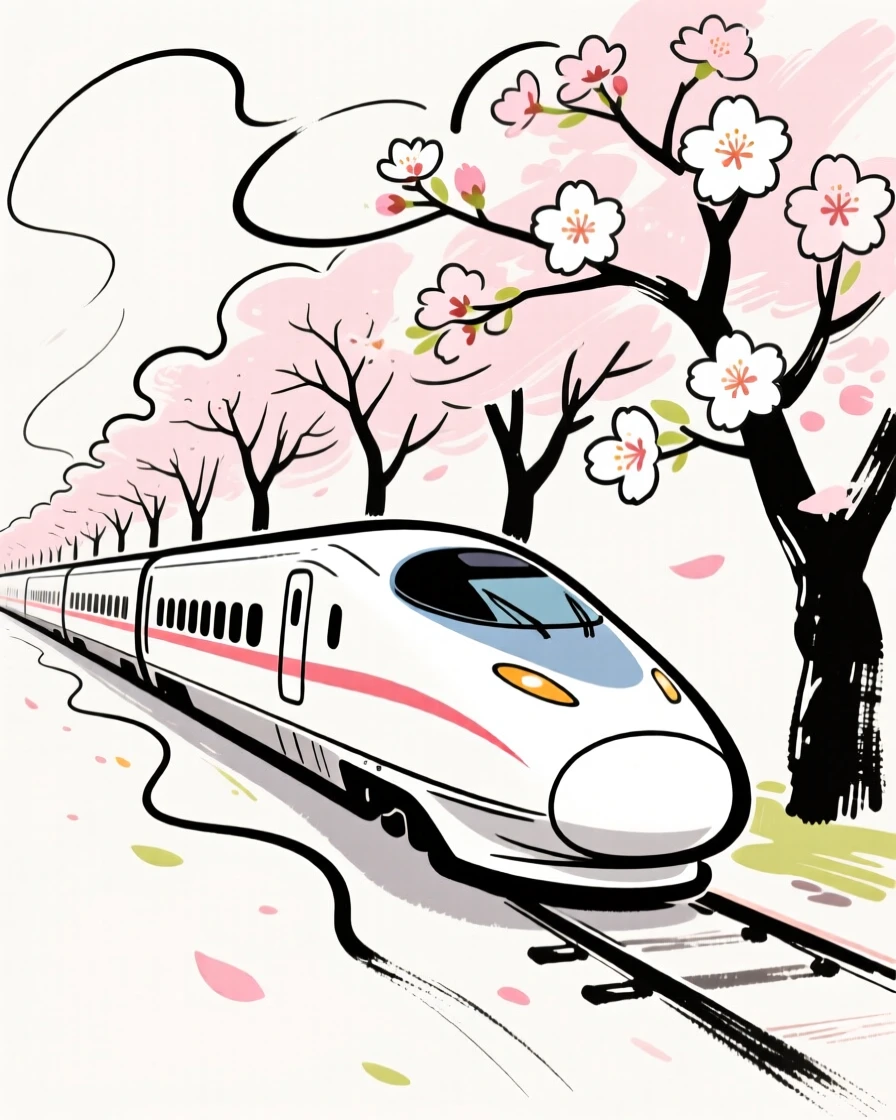 A sleek bullet train speeding past a row of cherry blossom trees.