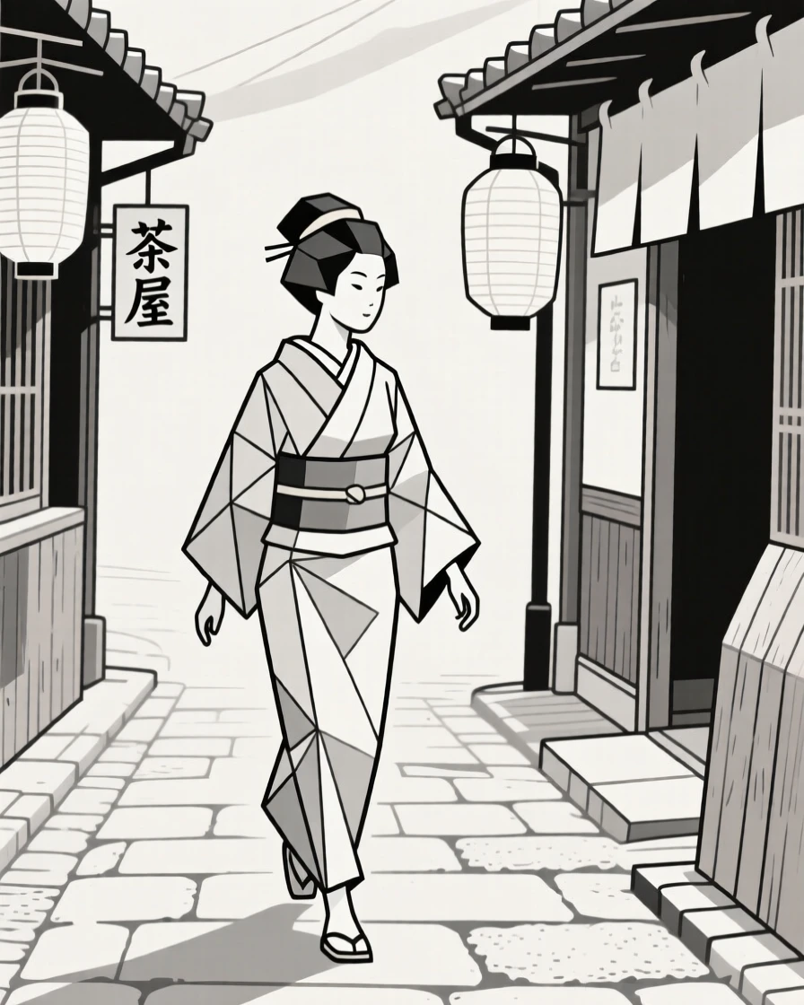 A geisha walking through a traditional Japanese street