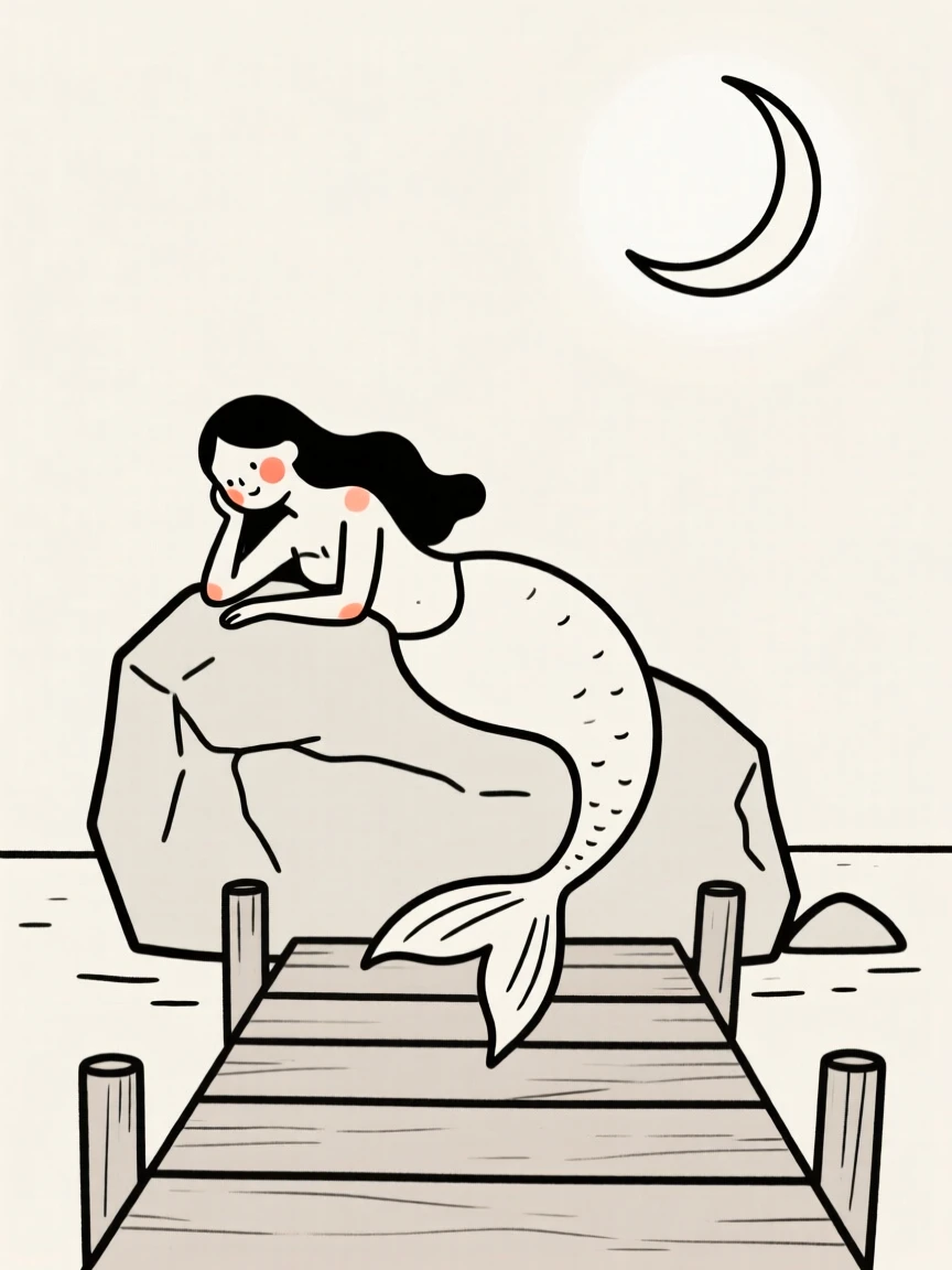 A mermaid resting on a moonlit rock, on a wooden fishing pier.